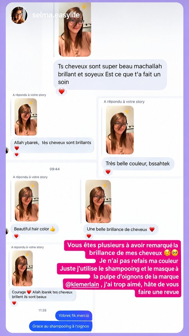 Capture d’écran Instagram : une cliente commente la brillance de ses cheveux et remercie K.LEMERLAIN pour le shampooing et le masque à l’oignon.